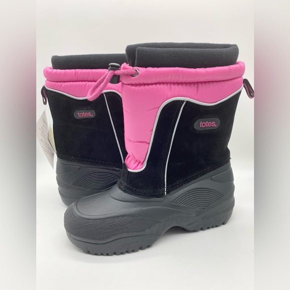 NWT-Totes Black n Pink Leather Fabric Upper All Weather Boot 6 - Picture 2 of 7